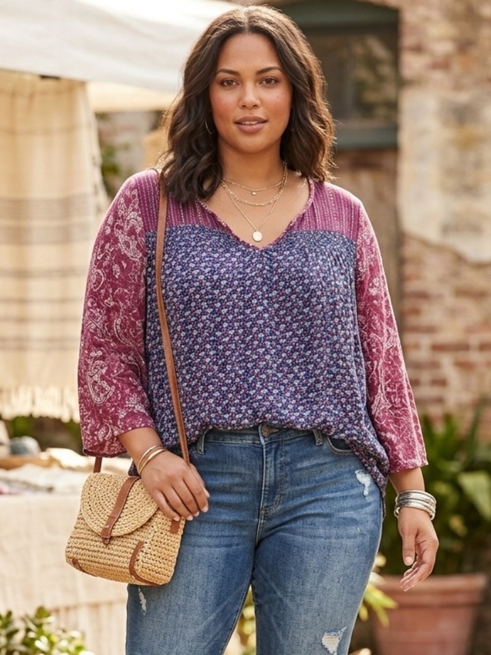 Lucky Brand Purple Navy Floral Mixed-Print Boho V-Neck Tunic Top 2XL